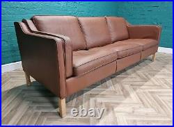 Mid Century Modern Retro Danish Tan Brown Leather Mogensen Style 3 Seat Sofa