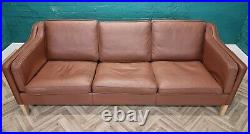 Mid Century Modern Retro Danish Tan Brown Leather Mogensen Style 3 Seat Sofa