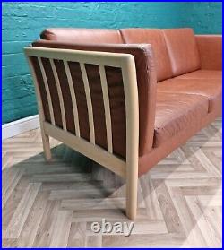 Mid Century Modern Retro Danish Tan Leather & Beech Slatted 3 Seat Sofa Settee