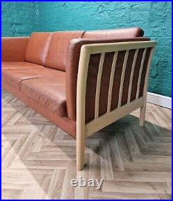 Mid Century Modern Retro Danish Tan Leather & Beech Slatted 3 Seat Sofa Settee