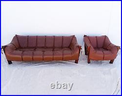Mid Century Modern Sofa & Chair Percival Lafer MP-211 Brown Leather Rosewood VTG