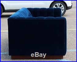 Mid Century Modern Tufted Blue Velvet Plinth Base Sofa Baughman Dunbar Style