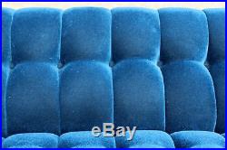 Mid Century Modern Tufted Blue Velvet Plinth Base Sofa Baughman Dunbar Style