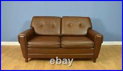 Mid Century Retro Danish Buttoned Brown Leather Two Seat Sofa Settee Couch 1960s