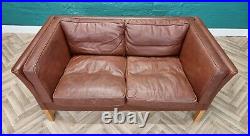 Mid Century Retro Danish Mogens Hansen Tan Brown Leather 2 Seat Sofa 1970s