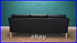 Mid Century Retro Danish Stouby Style Black Leather 3 Seat Sofa Settee Couch 70s