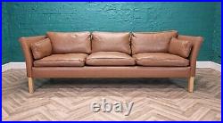 Mid Century Retro Danish Tan Brown Leather 3 Seat Sofa Settee by Stouby 1970s
