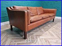 Mid Century Retro Danish Tan Leather 3 Seat Mogensen Style Sofa by Vemb 1970s