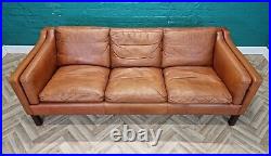 Mid Century Retro Danish Tan Leather 3 Seat Mogensen Style Sofa by Vemb 1970s