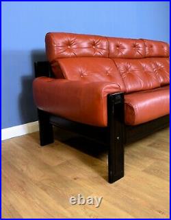 Mid Century Retro Swedish Red Leather & Beech High Back 3 Seat Sofa Settee 1970s