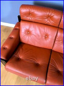 Mid Century Retro Swedish Red Leather & Beech High Back 3 Seat Sofa Settee 1970s