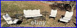 Mid Century Wrought Iron Woodard Sofa Bar Cart Lounge 9 PC Patio Set With Cushions