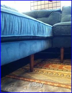Mid century modern sectional couch blue velvet, Pristine condition