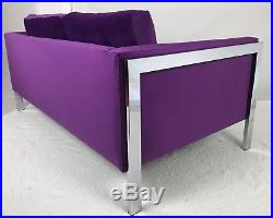 Milo Baughman Mid Century Modern Loveseat Sette Sofa in Chrome and Purple Velvet