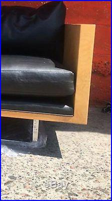 Milo Baughman Sofas Floating Burl Wood Case Love Seat Settee Black Leather Eames
