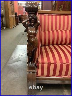 Neoclassical Box Sofa with Full Figural Carved Arms 72 1/2