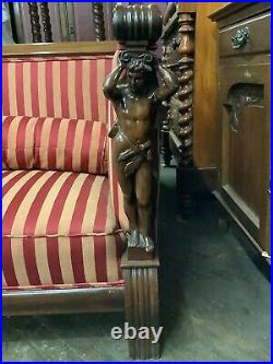 Neoclassical Box Sofa with Full Figural Carved Arms 72 1/2
