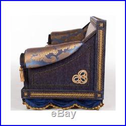 Opulent Pair of French Royal Blue & Gold Silk Damask Three-Cushion Sofas Couches