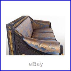 Opulent Pair of French Royal Blue & Gold Silk Damask Three-Cushion Sofas Couches