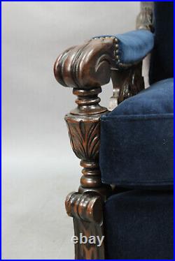 Original 1920's Spanish Revival Chair Carved Walnut Base New Blue Velvet (14967)