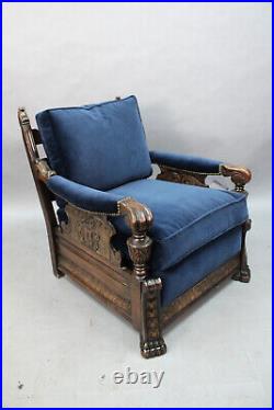 Original 1920's Spanish Revival Chair Carved Walnut Base New Blue Velvet (14967)