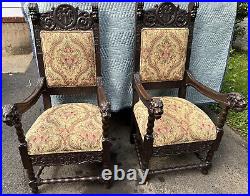 PAIR 19TH CENTURY LION CARVED OAK CREST THRONE CHAIR NORTH WIND HEADS Incredible