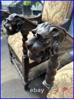 PAIR 19TH CENTURY LION CARVED OAK CREST THRONE CHAIR NORTH WIND HEADS Incredible