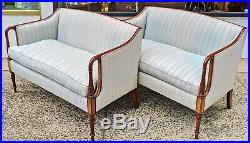 PAIR Fine ANTIQUE 20th C Carved Inlaid ENGLISH Upholstered LOVESEAT SOFA Couch
