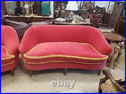 PAIR VINTAGE Mid-Century MODERN Red / PINK & GOLD Upholstered SOFA Couch SETTEE