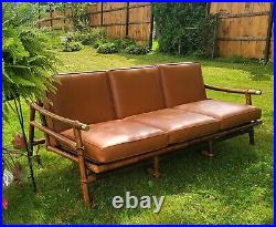 PERFECT Rattan Campaign Ficks Reed Mid Century Sofa & camel leather cushions Mcm