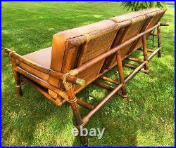PERFECT Rattan Campaign Ficks Reed Mid Century Sofa & camel leather cushions Mcm