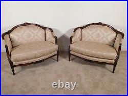 Pair Baker Furniture Co French Louis XVI Mahogany Carved Upholstered Settees