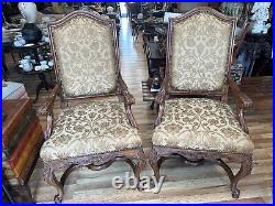Pair Vintage 20th C Louis XV Style Walnut Stretcher Base Carved Open Arm Chairs