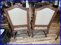 Pair Vintage 20th C Louis XV Style Walnut Stretcher Base Carved Open Arm Chairs