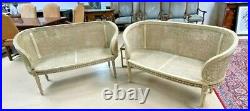 Pair of Antique French Louis XVI Painted Barrel Curved Caned Sofas Couch Settee