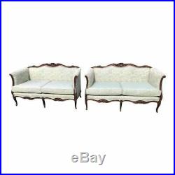 Pair of Antique Style Mahogany Love Seat Sofa's Blue Fabric