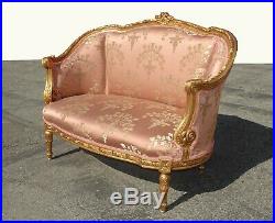 Pair of Vintage French Louis XVI Rococo Gold & Pink Settee Loveseat Pair