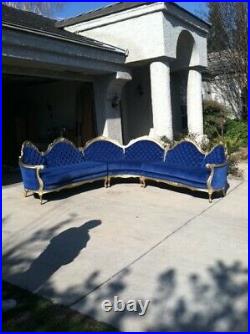 Pre-Civil War Antique Sectional Sofa Tufted Royal Blue Velvet and Gold