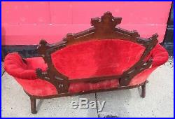 RARE Victorian Carved Greco Roman Faces Red Loveseat Settee Shipping Ok 5 Feet