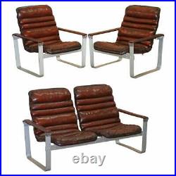 Rare 1960's Pulkka Ilmari Lappalainen Chrome & Brown Leather Armchair Sofa Suite