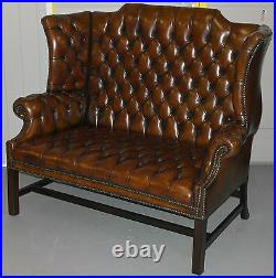 Rare 1973 Geroge III Chesterfield Hand Dyed Wingback Leather Two Seat Bench Sofa