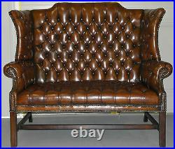 Rare 1973 Geroge III Chesterfield Hand Dyed Wingback Leather Two Seat Bench Sofa