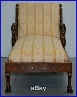 Rare 19th Century Burr Walnut & Bronze Ormolu Carved Empire Swan Chaise Lounge
