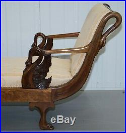Rare 19th Century Burr Walnut & Bronze Ormolu Carved Empire Swan Chaise Lounge