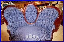 Rare Antique Victorian Sofa Blue Upholstery Loveseat Settee Chaise Couch Petite