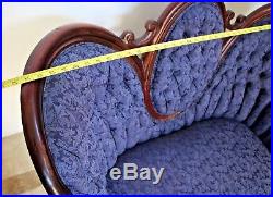 Rare Antique Victorian Sofa Blue Upholstery Loveseat Settee Chaise Couch Petite