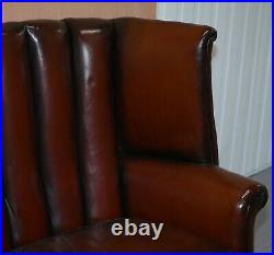 Rare Circa 1860 Huge Victorian Brown Leather Barrel Back Suite Sofa Armchair
