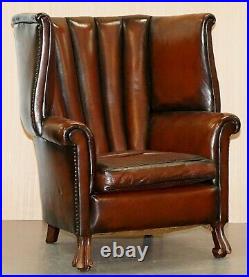 Rare Circa 1860 Huge Victorian Brown Leather Barrel Back Suite Sofa Armchair