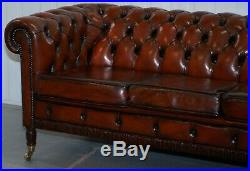 Rare Fully Restored Vintage Cigar Brown Leather Chesterfield Club 3 Seater Sofa