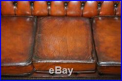 Rare Fully Restored Vintage Cigar Brown Leather Chesterfield Club 3 Seater Sofa